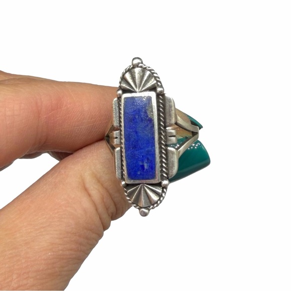 Lapis Lazuli Ring Size 9 Solid 925 Sterling Silver Art Deco Design Blue Stone - Picture 5 of 6